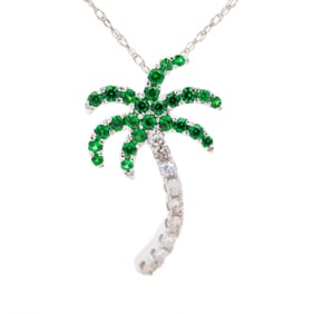 14K White Gold Tsavorite and Diamond Palm Tree Pendant with 14K Gold Chain 18"
