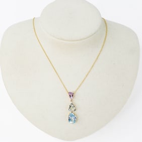 14KYG Amethyst, Prasiolite and Blue Topaz Pendant with Necklace 18"