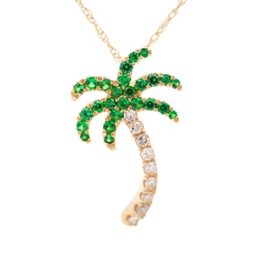 14K Yellow Gold Tsavorite and Diamond Palm Tree Pendant with 14K Gold Chain 18"