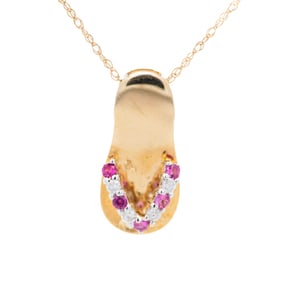 14K White Gold Ruby and Diamond Flip Flop Pendant with 14K Gold Chain 18"