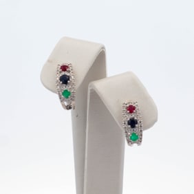 14k White Gold Ruby, Sapphire, Emerald, and Diamond Mini Hoop Earrings