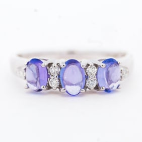 14KWG 3 Stone Tanzanite and Diamond Band, Size 6.5