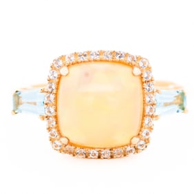 14K Yellow Gold Opal, Diamond, and Swiss Topaz Ring – Size 7