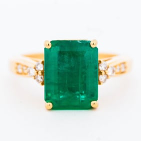 18KYG 4.59ct Natural Emerald & Diamond Filigree Ring, Size 7