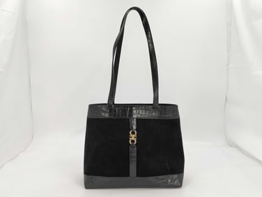 Salvatore Ferragamo Black Suede and Embossed Leather Tote Bag