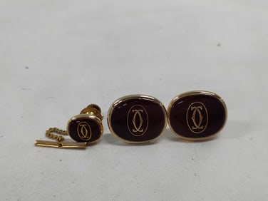Cartier Cufflink and Tie Pin Set with Logo Inlay