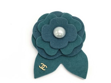 CHANEL Camellia Brooch Teal Fabric Flower with Pearl Center and CC Logo, Box