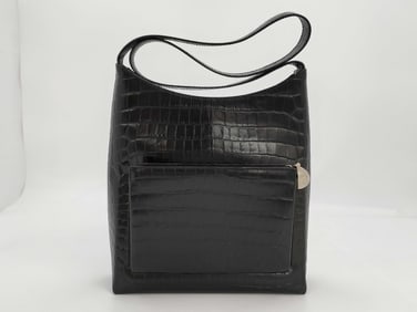 Salvatore Ferragamo Black Crocodile-Embossed Leather Shoulder Bag