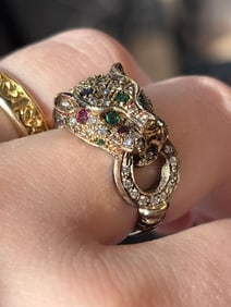 18KYG Panthere 0.76ctw Ruby, Sapphire, Emerald, 0.41ctw Diamond Ring, Size 6.5