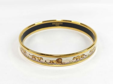 Hermès Emaille PM Animal Motif Bangle Bracelet Lions Leo Enamel