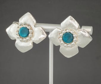 Yves Saint Laurent Silver-Tone Flower Clip Earrings with Blue Centers