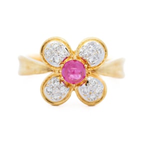 18k Yellow Gold Natural Diamond Ruby Floral Ring Size 6
