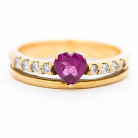18k Yellow Gold Heart Shaped Amethyst Diamond Ring Size 6