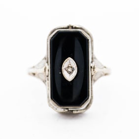14KWG Art Deco Onyx & Cameo Mourning Flip Ring, Size 6.75