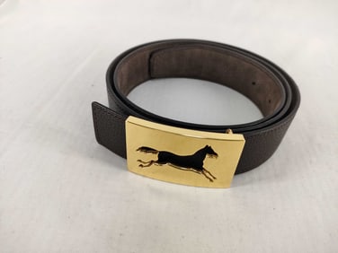 HERMES Leather Belt with Gold Horse Buckle 85cm