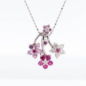 18KWG Pink-Sapphire & Natural Diamond Triple-Blossom Necklace, 16"