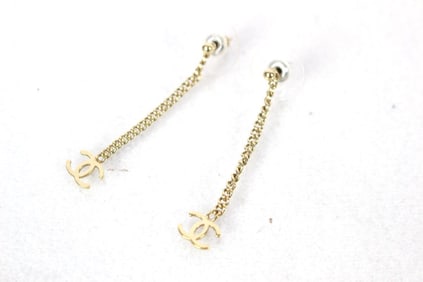 Chanel CC Gold Tone Logo Chain Earrings