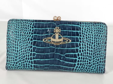 Vivienne Westwood Long Wallet in Teal and Navy Blue Croc-Embossed Leather