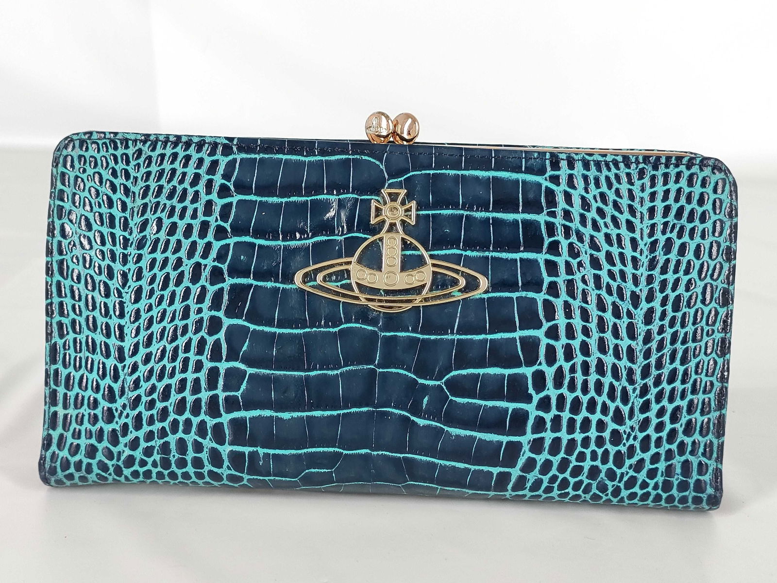 Vivienne Westwood Long Wallet in Teal and Navy Blue Croc-Embossed Leather (1 of 10)