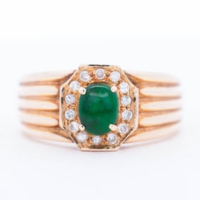 18KYG Jade & Diamond Octagon Halo Ring, 7.5