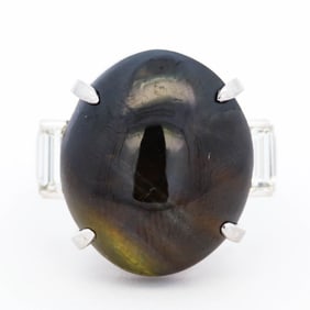 Platinum 29.38ct Cats Eye & .70ctw Diamond Cocktail Ring, Size 7.5