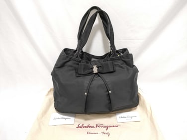 Authentic Salvatore Ferragamo Vara Ribbon Nylon Handbag, Black