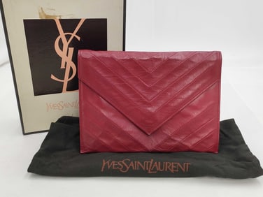 Vintage Yves Saint Laurent V-Stitch Red Leather Envelope Bag lwith Box