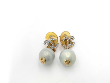 Chanel Gold CC Logo Rhinestone Pearl Drop Earrings with Box