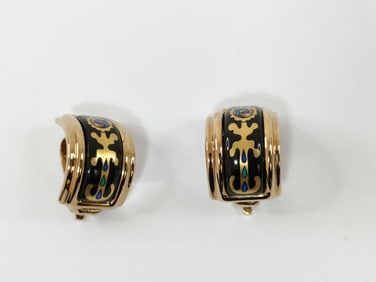 Hermes Enamel Earrings Gold Tone Black Enamel