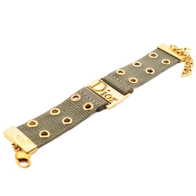 Dior Logo Plate Gold Tone Canvas Bracelet – Belt Motif, Adjustable