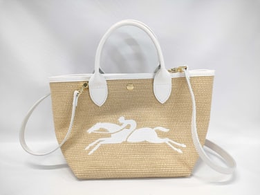 Longchamp Basket 2-Way Bag in Natural Straw and White Leather