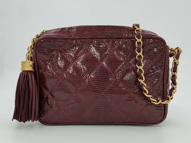 Rare Vintage Chanel Tassel Matelasse Chain Lizard Shoulder Bag, Burgundy Red 1 series 1989-1991 era
