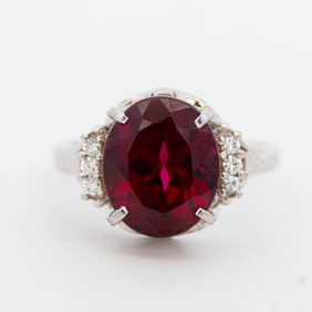 Platinum Ring with 4.43ct Oval Red Garnet and Diamonds size 6