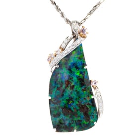 Solid 18K White Gold 28.73ct Boulder Opal and Diamond Necklace 20"