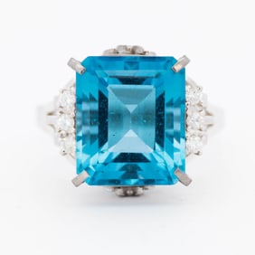 Platinum Ring with 8.19ct Emerald-Cut Blue Topaz and Diamond Accents size 5.5