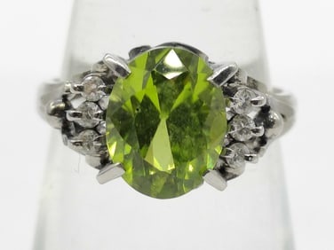 Platinum Ring with 2.57ct Oval Peridot and Diamond Accents Size 7