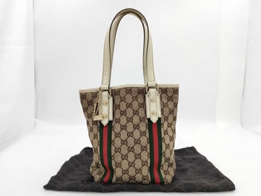 Gucci GG Canvas Sherry Line Handbag Beige and Green-Red Stripe Cute Charm Accents
