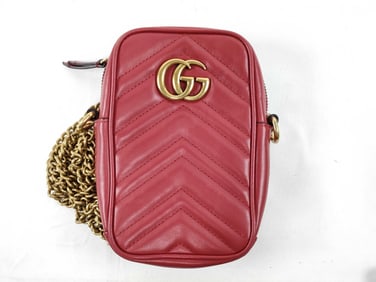 Gucci GG Marmont Quilted Red Calfskin Phone Crossbody Bag