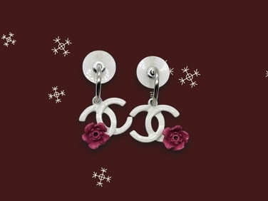 Chanel 04P CC White Enamel Rose Drop Earrings w/Box 2004 Spring