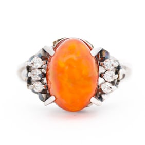 Vintage Handmade Fire Opal Diamond Ring in Platinum