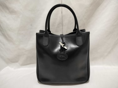 Longchamp Black Leather Roseau mini tote bag.