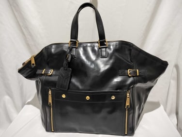 Shiny Black Leather Yves Saint Laurent Downtown Tote bag with gold-tone hardware