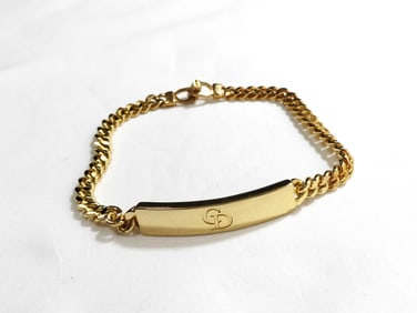 Gold Tone Christian Dior Curb Chain Logo Bar Bracelet 8"