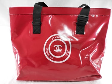 Chanel Waterproof Red Vinyl Tote Bag with Black Straps