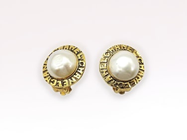 c. 1990-1992 Chanel Logo Mabe Faux Pearl Earrings w/Box