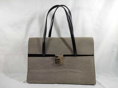 Vintage Gucci Lady Lock Handbag in Beige Canvas and Black Leather