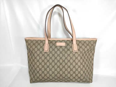 Gucci Original GG Supreme Canvas Tote, Pink Patent Leather Trim and Straps