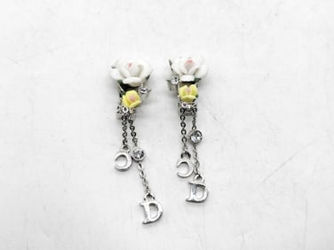 Vintage Christian Dior Flower Rhinestone Dangle Earrings