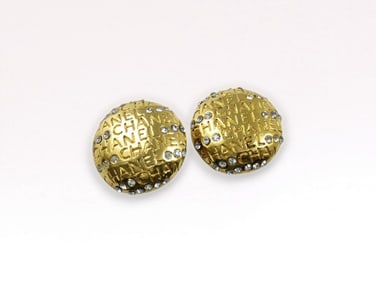 Vintage Chanel Gold Tone Logo Rhinestone Earrings