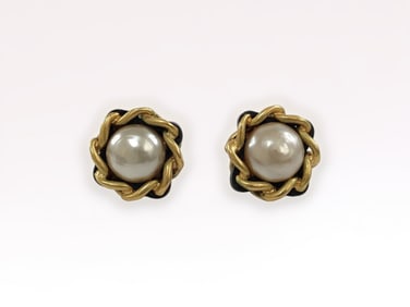 Chanel Mabe Pearl Woven Leather Earrings w/Box